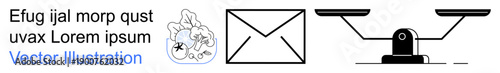 Communication, justice, correspondence, equality, decision-making, graphic design. Scales, mail icon and abstract floral graphic in minimal design. Communication and justice concept