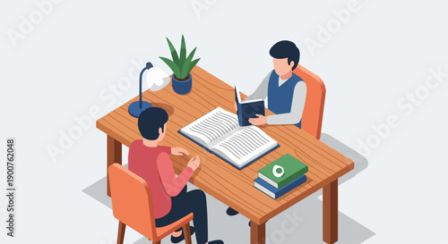 Two people study at a wooden table with books, a lamp and a plant