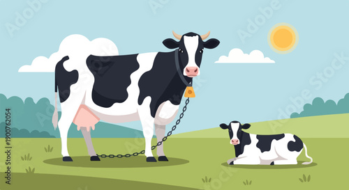 Two cows, one standing and chained, the other resting in a sunny field