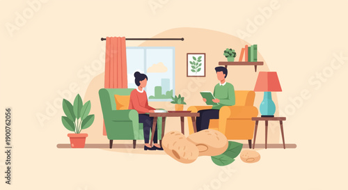Two people in a living room with plants and peanuts