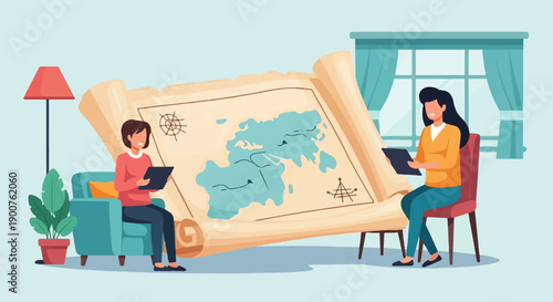 Two people studying a large, aged map on tablets in a cozy room setting