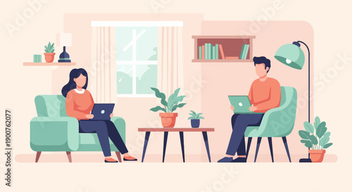 Two people work on laptops in a cozy, modern living room