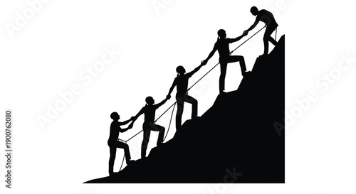 A group of people silhouetted assisting each other climbing a steep hill