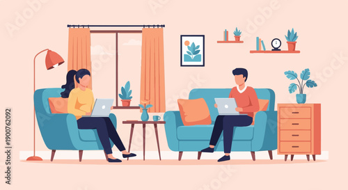 Two people working on laptops from the comfort of their living room