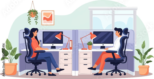 Two coworkers sit at desks in a modern office with plants and windows