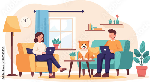 Two people and a dog relaxing at home, working on laptops
