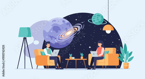 Two people working on laptops in a cosmic-themed room