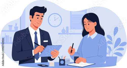 Two professionals collaborate in an office, reviewing documents and using a tablet