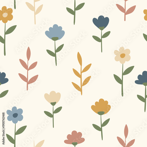 Minimal seamless pattern with simple floral sprigs in soft earthy tones for clean and modern designs.