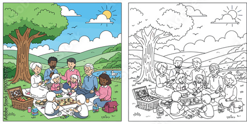 Happy extended family enjoying a summer picnic in the park, diverse group of grandparents parents and children playing games and eating together outdoors vector illustration.