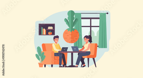 Two people working on laptops in a brightly lit room with a large carrot