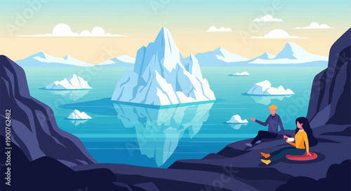 Two people relaxing on a rocky shore amidst floating icebergs and mountains