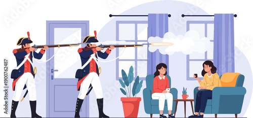 Two historical soldiers fire muskets into a room with two women relaxing