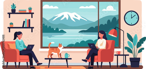 Two people work on laptops in a cozy room with a cat and a scenic mountain view