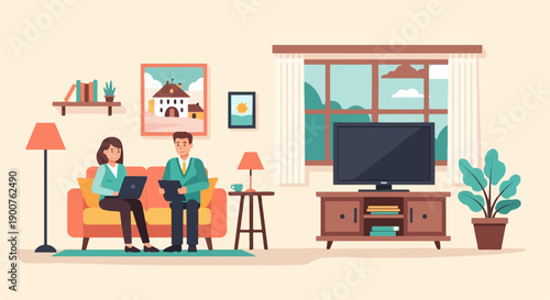 Two professionals collaborate on laptops in a cozy living room