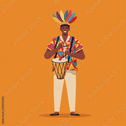 Brazilian musician playing the pandeiro tambourine. Man in traditional clothes playing percussion for samba carnival music.