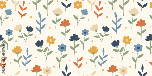 Delicate seamless floral pattern with tiny flowers and leaves in soft earthy colors for spring and everyday designs.