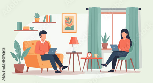 Two people working on laptops in a cozy living room environment