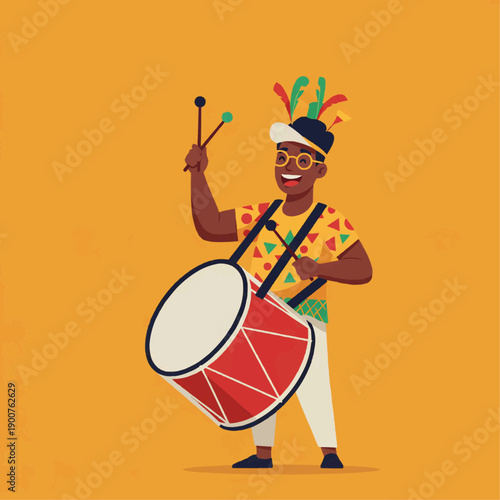 Carnival drummer playing a large surdo drum. Musician in festive outfit creating rhythm for the Rio samba parade.