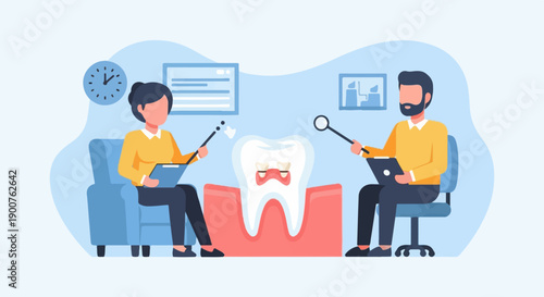 Two professionals examine a tooth, one with a dental mirror, the other with a cleaning tool