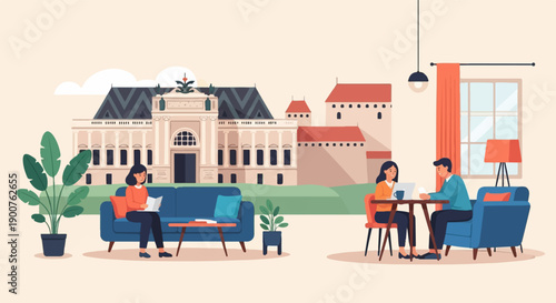 Two couples in living rooms with a large building in the background