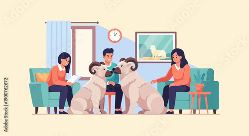 Two couples, human and ovine, gather for an indoor social occasion