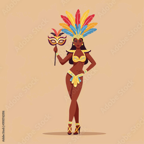 Elegant carnival dancer holding a masquerade mask on a stick. Beautiful woman in bikini costume posing for the Rio festival.