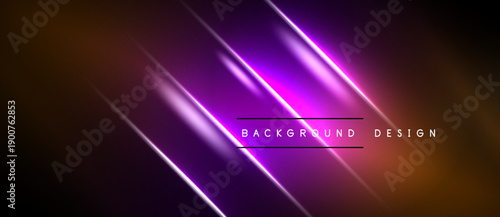 Abstract background features vibrant purple, orange lines. Diagonal streaks create dynamic visual effect. Dark borders frame bright central area.
