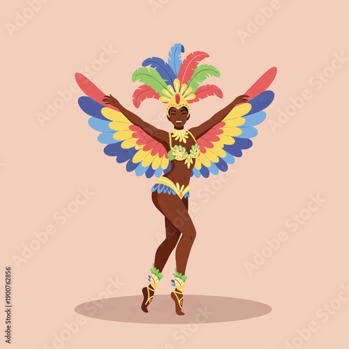 Gorgeous samba dancer woman with large colorful wings and feathers. Female performer posing in a full carnival outfit.