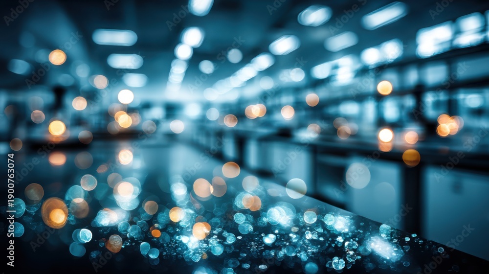 Fototapeta premium Bright bokeh lights create an enchanting atmosphere in a modern laboratory during a busy workday