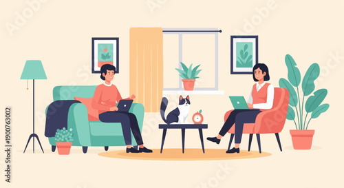 Two people working on laptops in a cozy living room with a cat