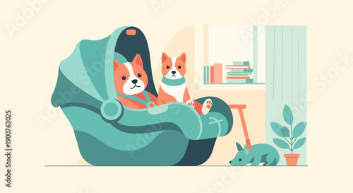 Two corgis in a teal baby carrier, another corgi naps nearby