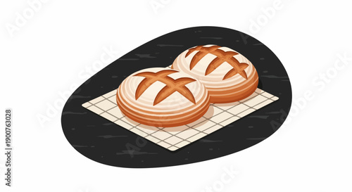 Two rustic loaves of sourdough bread are presented on a checkered cloth