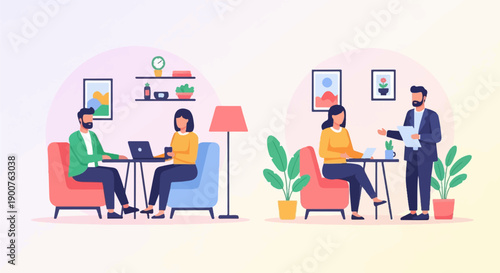 Two scenes depict professional interactions with individuals working and discussing