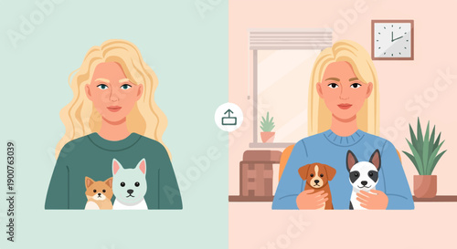 Two contrasting scenes of a woman with dogs, one isolated, one indoors