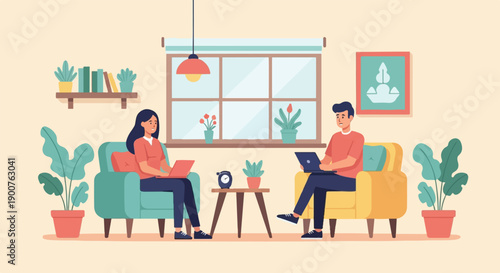 Two people work on laptops in a cozy room with plants and artwork