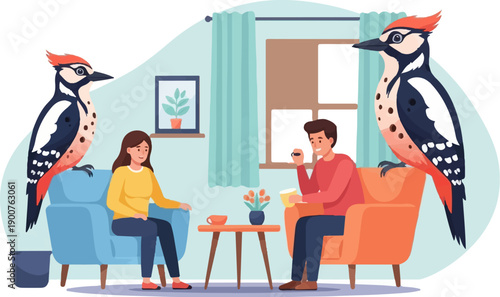 Two people relaxing indoors while woodpeckers perch nearby on furniture