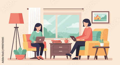 Two people working on laptops in a cozy living room with a window view