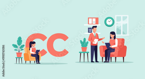 Two individuals engaged in discussion while plants and large letters adorn the scene