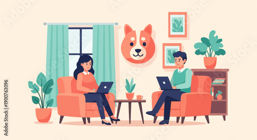 Two people working on laptops in a cozy living room with decor