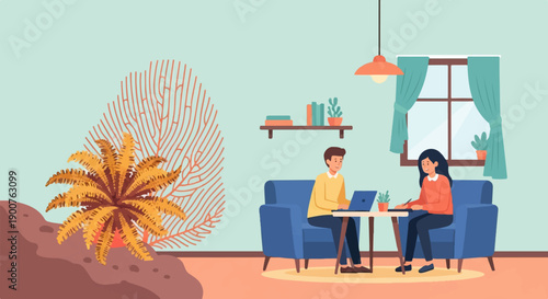 Two people working on laptops in a cozy living room with houseplants