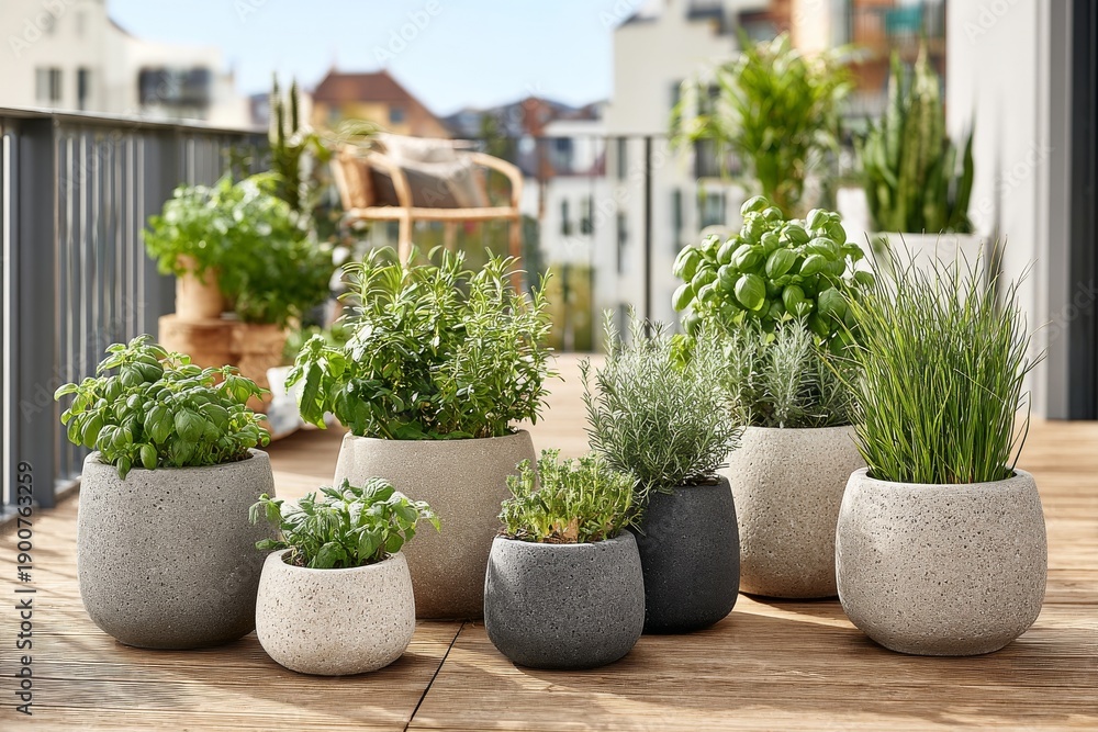 Fototapeta premium Conjunto de plantas decorativas verdes en macetas de distintos tamaños colocadas sobre un balcón moderno con suelo de madera, creando un ambiente natural en la ciudad. 