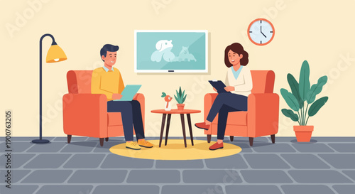 Two people in armchairs in a room with a plant, clock and screen showing animals