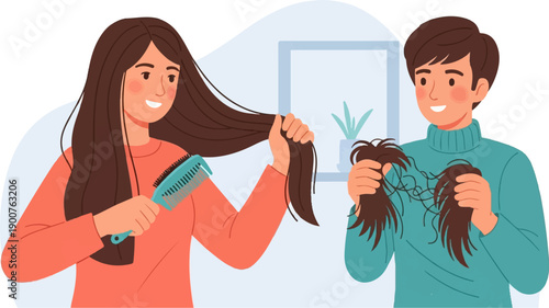 Two individuals, one styling long brown hair, the other holding tangled hair