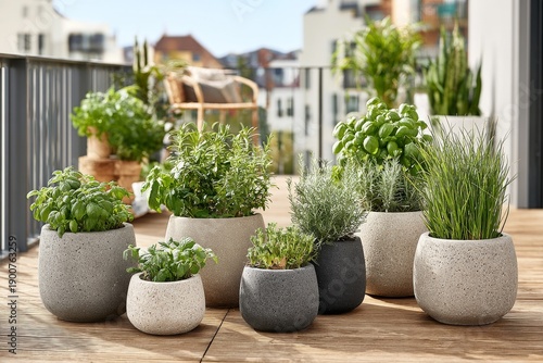 Conjunto de plantas decorativas verdes en macetas de distintos tamaños colocadas sobre un balcón moderno con suelo de madera, creando un ambiente natural en la ciudad.
