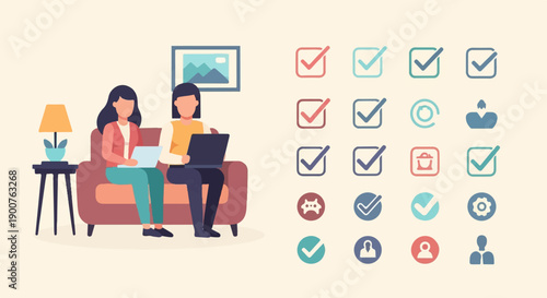 Two individuals seated on a couch, each engaged with a digital device