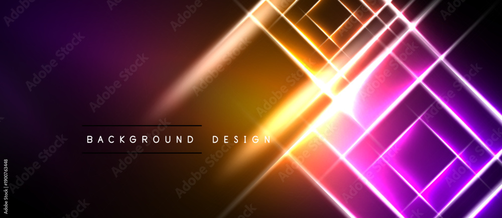 Obraz premium Vibrant neon lines intersect over dark gradient. Bright orange center radiates outward, creating dynamic visual effect. Background design element.