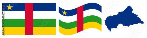 Central African Republic National Flag and Country Map Silhouette Set. Official Blue, White, Green, and Yellow Horizontal Stripes with Vertical Red Bar and Yellow Star Graphic Design Elements