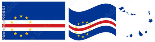 Cape Verde National Flag and Archipelago Map Silhouette Set: Official Blue Field with White and Red Horizontal Stripes and Ten Gold Stars Circular Emblem Graphic Design Elements for Cabo Verde Nation