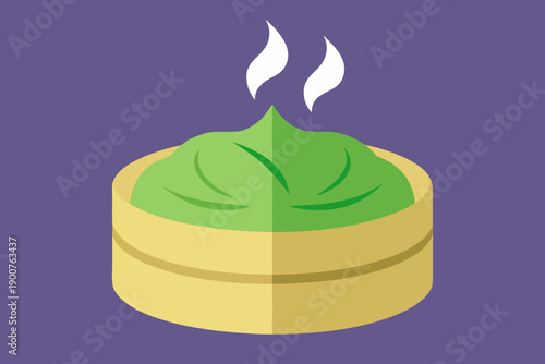 Green paste in a wooden bowl with steam food